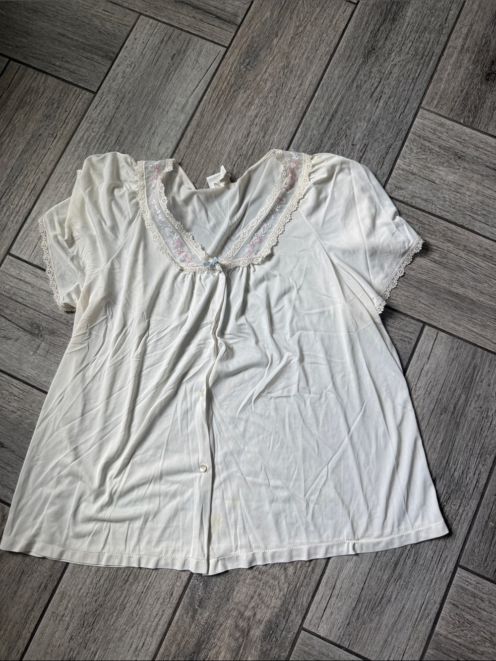 Adore Cream Lace-Trim Nightgown with Pink Embroidery